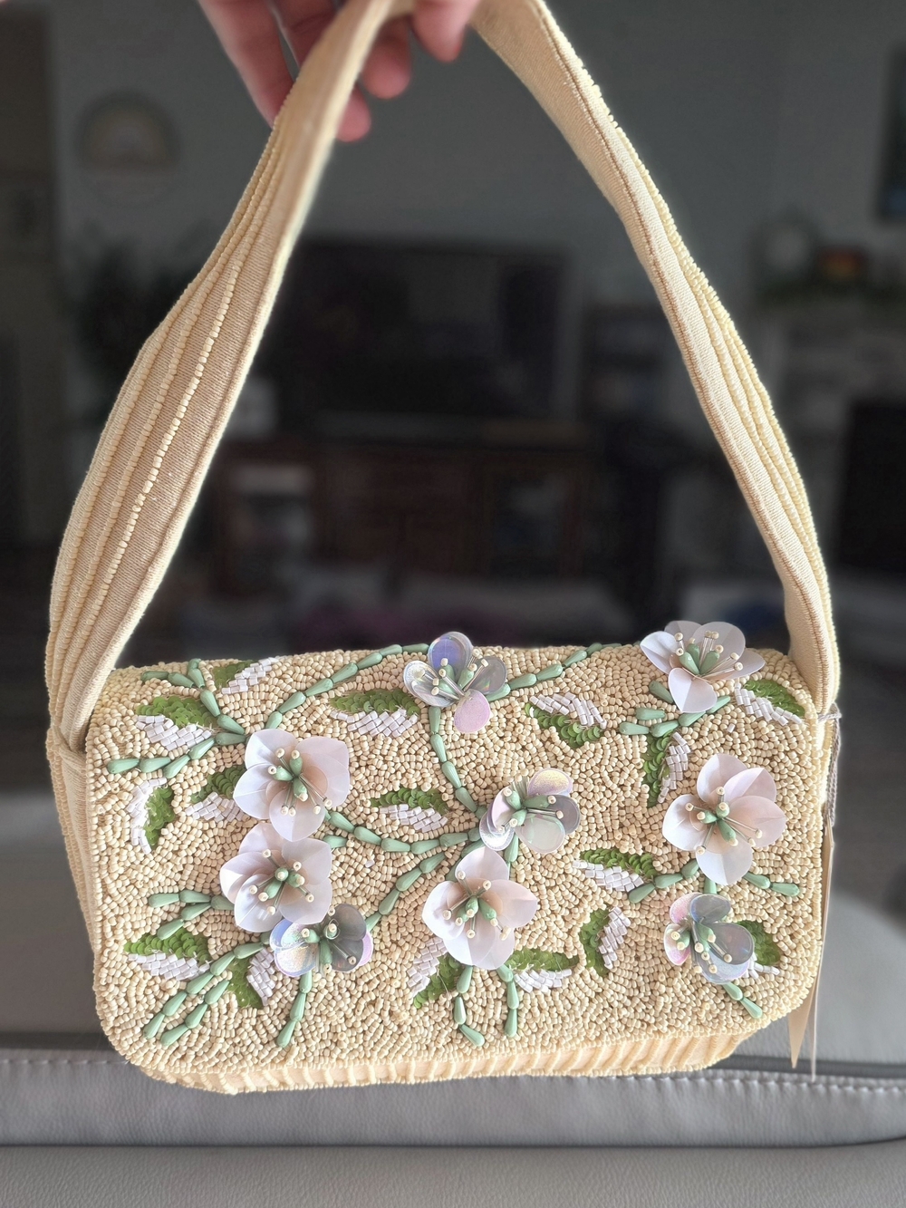 Beaded Floral Shoulder Bag - Light Yellow with raised Floral Pastel Accents